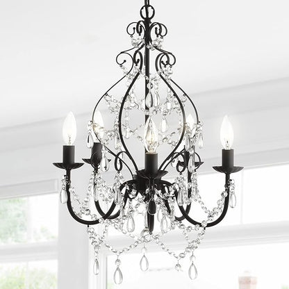 JONATHAN Y 17" Black 5-Light Crystal and Metal Chandelier, Traditional Cascading Beads, Adjustable Chain for Dining Room Entryway, UL Listed, LED Bulbs Included JYL9016A