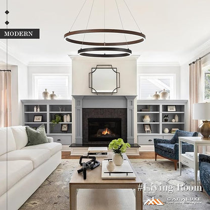 2 Ring LED Chandelier Black Walnut Wood Chandelier for Dining Room 24in Dimmable Circular Chandeliers Light Round Chandeliers for Bedroom Kitchen Entryway Living Room