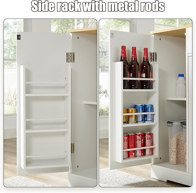 53 inch Large Kitchen Island Cart with Trash Can Storage Cabinet,Drawer and Adjustable Shelves,Breakfast Bar Cabinet for 13 Gallon Garbage Bin (White+Oak@w)