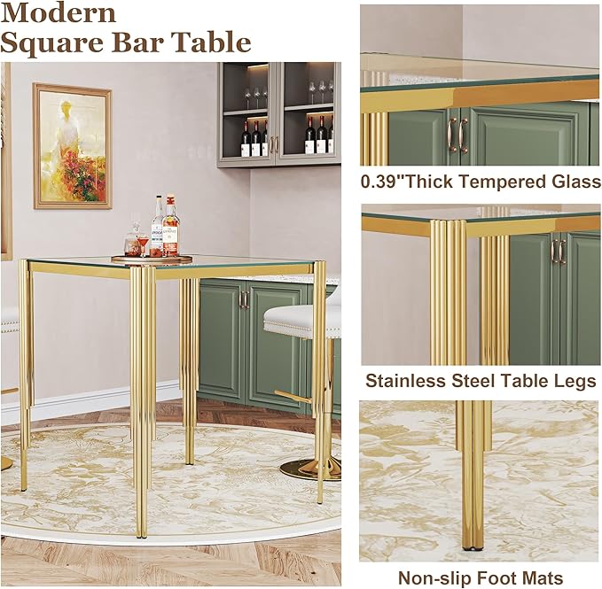 Glass Square Bar Table, 37" Modern High Pub Table with Clear Tempered Glass Top and Polished Gold Stainless Steel Legs, Counter Height Table for Kitchens, Apartments, and Small Spaces