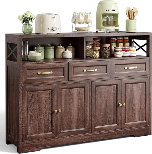 Ahomly 51" Buffet Cabinet with Adjustable Storage, Charging Port - 3 Drawers & 4 Doors Large Sideboard, Multi - Scene Coffee Bar/Microwave Stand for Kitchen,Living Room,Entryway（Brown）