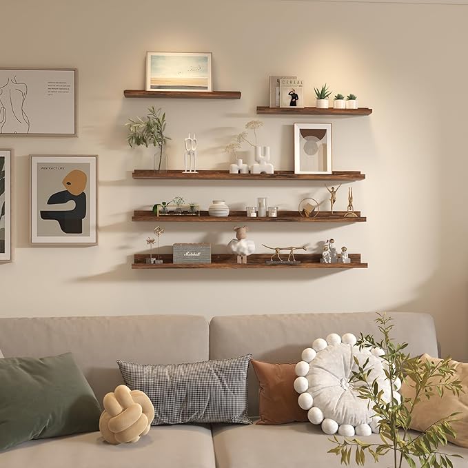Giftgarden 47 Inch Long Floating Shelves for Wall Set of 5, Rustic Wood Wall Shelves for Bathroom, Bedroom, Kitchen, Living Room Storage and Decoration, Brown Picture Ledge