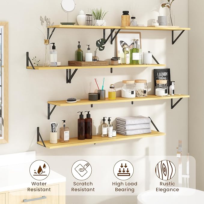 Acovy Floating Shelves for Wall,48" Wx8 D Wood Wall Shelves,Hanging Storage Floating Shelf with Metal Brackets,Wide Floating Bookshelf for Living Room,Office,Bedroom,Bathroom,Set of 2,Oak