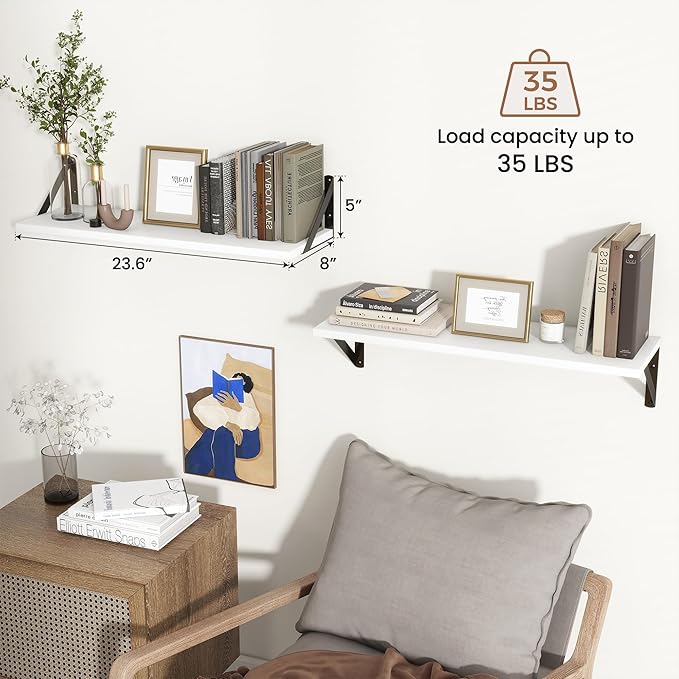 Axeman 24 Inch White Floating Shelves | 8 Inch Deep Wall Shelves Set of 2 | 24''W x 8''D Rustic White Wood Shelves for Bathroom Kitchen Living Room Bookshelf Home Office