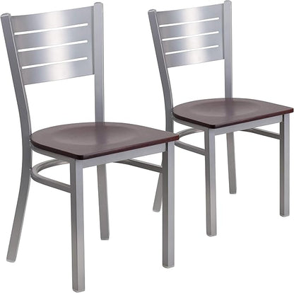 Flash Furniture 2 Pk. HERCULES Series Silver Slat Back Metal Restaurant Chair - Mahogany Wood Seat