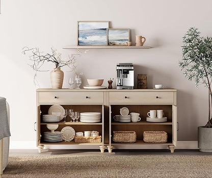 WAMPAT Buffet Cabinet with 8 Doors and 4 Drawers, Large Coffee Bar Table Wood Kitchen Storage Cabinets with Storage Cabinets, Modern Farmhouse Sideboard Credenza for Dining Room, Beige, 136 inch