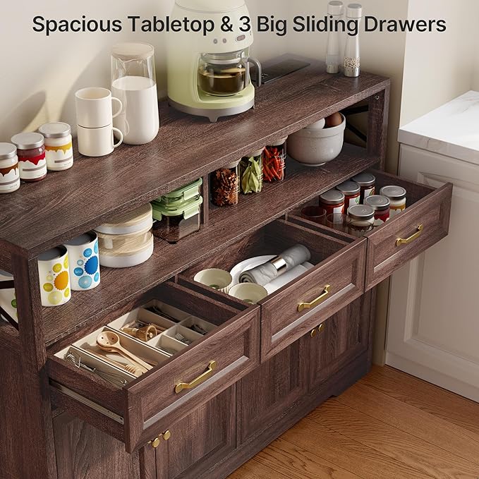 Ahomly 51" Buffet Cabinet with Adjustable Storage, Charging Port - 3 Drawers & 4 Doors Large Sideboard, Multi - Scene Coffee Bar/Microwave Stand for Kitchen,Living Room,Entryway（Brown）