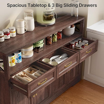 Ahomly 51" Buffet Cabinet with Adjustable Storage, Charging Port - 3 Drawers & 4 Doors Large Sideboard, Multi - Scene Coffee Bar/Microwave Stand for Kitchen,Living Room,Entryway（Brown）
