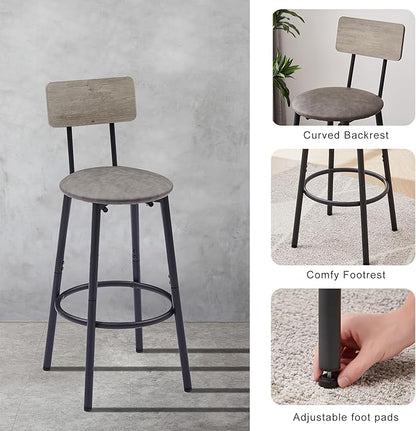 2-Person Grey Bar Table Set with 2 PU Padded Bar Stools - 43.3" Modern Kitchen Island Counter Height Table Set, Backrest Stools for Breakfast Nook, Compact Pub Table Set for Apartment Balcony
