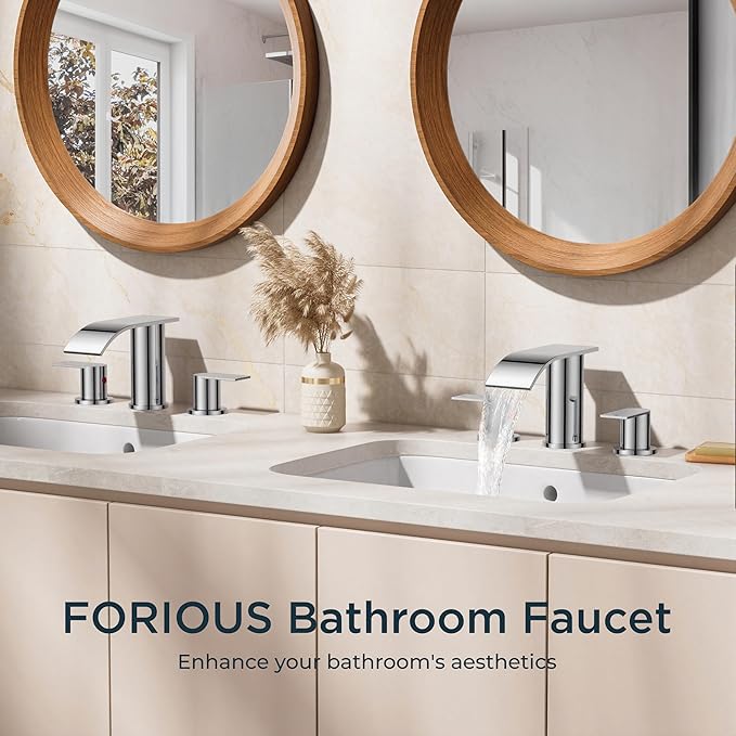 FORIOUS Upgrade Chrome Waterfall Bathroom Faucets 3 Hole, 8 Inch Widespread Modern Bathroom Sink Faucet with Metal Pop-up Drain and Supply Lines, Two Handles for Vanity, Farmhouse, Remodel
