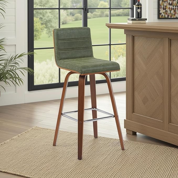 Vienna Modern Swivel Bar Height Stool with Vintage Green Upholstered Seat and Walnut Finished Wood Frame Set of 3