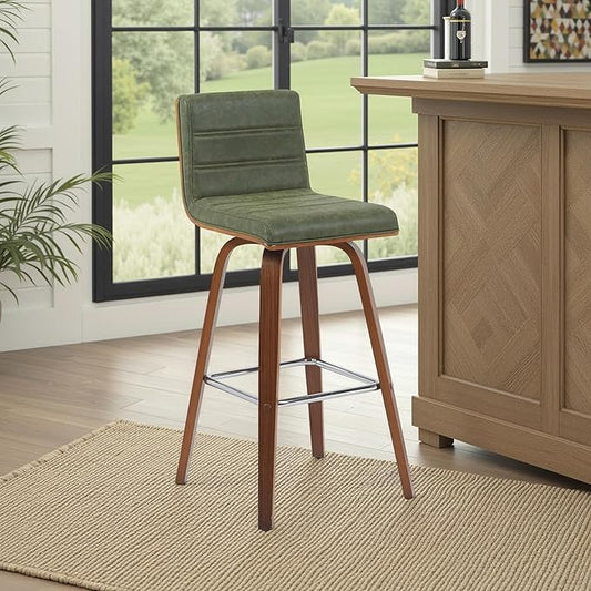 Vienna Modern Swivel Bar Height Stool with Vintage Green Upholstered Seat and Walnut Finished Wood Frame Set of 3