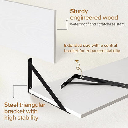 Acovy Deep Floating Shelves Wall Mounted, 48"x12" White Wall Shelves with Brackets Set of 2 for Bedroom, Living Room, Bathroom, Kitchen, Office - Storage & Display Shelf for Decor, Books, Plants