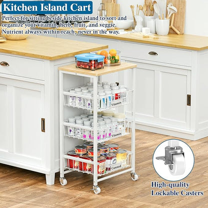 OKZEST 4-Tier Small Kitchen Storage Cart on Wheels with Pull-Out Drawers, Rolling Pantry and Snack Organizer Cart with Wood Top, Kitchen Floor Fruit Basket Stand for Fruit Potato Onion Veggie Snack