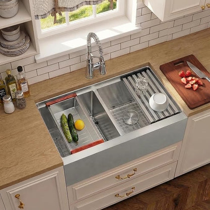 Kitsitchen 30 Inch Kitchen Sink, Undermount Farmhouse Kitchen Sink, 50/50 Double Bowl Undermount Kitchen Sinks, 16G Stainless Steel 30" x 22"x 10" Large and Deep Workstation Sink with Accessories