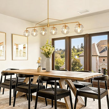 Gold Linear Chandelier 6 Lights Mid Century Modern Dining Room Chandelier Kitchen Island Pendant Light with Seeded Glass Shades for Island, Farmhouse, Dining Area, Dia 51.58 Inch