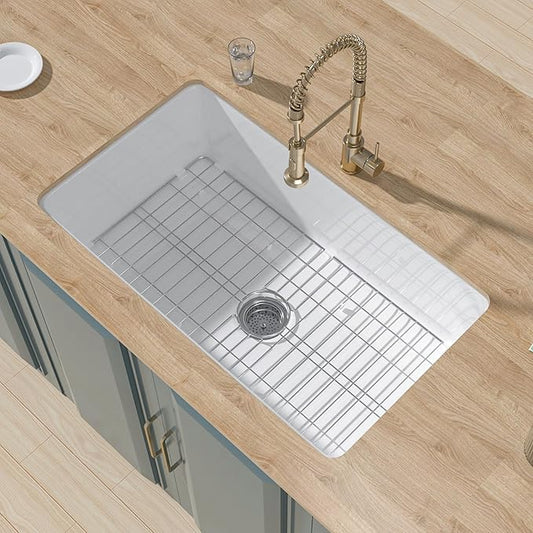 Undermount Kitchen Sink White 32 x 19 Inch, Fireclay Topmount Sink Drop In Single Bowl, with Custom Accessory 2 Types, Dual Mount, for Kitchen, Pure White