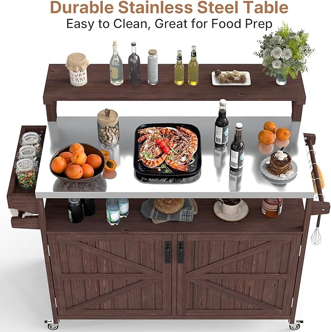 Zevemomo Outdoor Grill Cart with Raised Shelf, Stainless Steel Tabletop Outdoor Kitchen Island, Outdoor Buffet Cabinet with Lockable Wheels, Internal Storage Rack, Spice Rack for Grilling, Brown