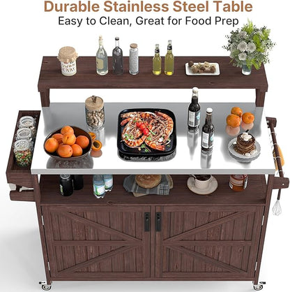 Zevemomo Outdoor Grill Cart with Raised Shelf, Stainless Steel Tabletop Outdoor Kitchen Island, Outdoor Buffet Cabinet with Lockable Wheels, Internal Storage Rack, Spice Rack for Grilling, Brown