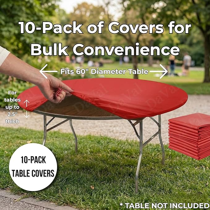 Kwik-Covers 10 Pack of Round Plastic Table Covers - 60" or 72" Round - Indoor or Outdoor Fitted Covers (Tables NOT Included) (Red, 72" Round)