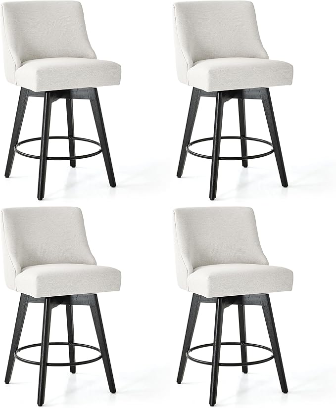Counter Height Bar Stools Set of 4, Swivel Barstools with Backs and Wood Legs, Linen Fabric Upholstered Counter Stools for Kitchend Island, Mid-Century Modern 26" Seat Height Bar Chairs, Cream