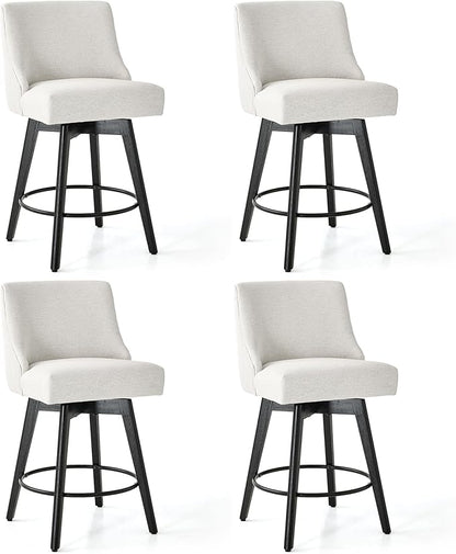 Counter Height Bar Stools Set of 4, Swivel Barstools with Backs and Wood Legs, Linen Fabric Upholstered Counter Stools for Kitchend Island, Mid-Century Modern 26" Seat Height Bar Chairs, Cream