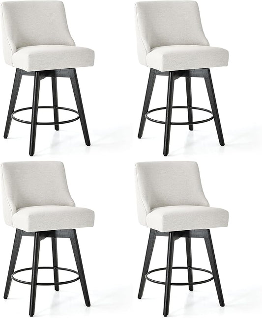 Counter Height Bar Stools Set of 4, Swivel Barstools with Backs and Wood Legs, Linen Fabric Upholstered Counter Stools for Kitchend Island, Mid-Century Modern 26" Seat Height Bar Chairs, Cream