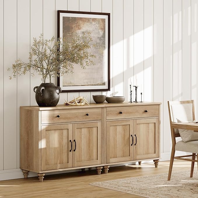 WAMPAT Large Buffet Cabinet with 8 Doors and 4 Drawers, Modern Coffee Bar Table Wood Kitchen Storage Cabinets, Farmhouse Sideboard Credenza for Dining Room, Oak, 134 inch