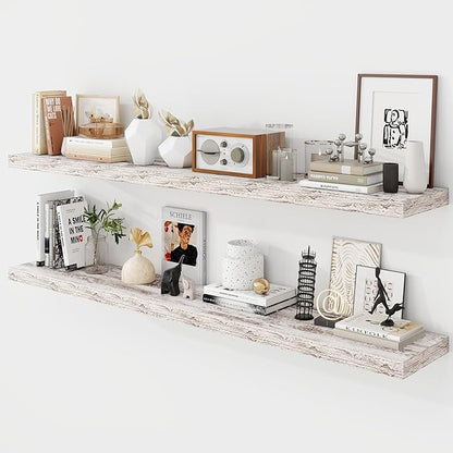 Acovy 55 Inch Floating Shelves, 9.3" Deep Floating Shelf Wall Mounted, 56" Wall Shelves, Rustic Deep Bookshelf, Large Display Shelves & Storage Shelves for Bedroom, Living Room, Rustic, Set of 2