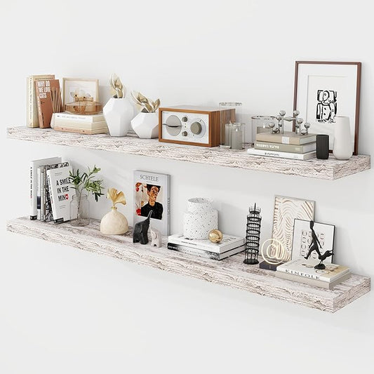 Acovy 55 Inch Floating Shelves, 9.3" Deep Floating Shelf Wall Mounted, 56" Wall Shelves, Rustic Deep Bookshelf, Large Display Shelves & Storage Shelves for Bedroom, Living Room, Rustic, Set of 2