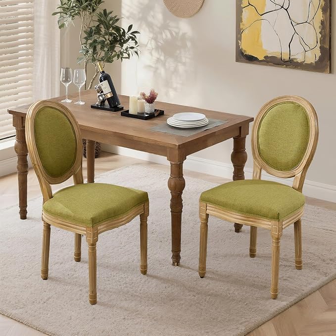 SoarFlash Linen French Dining Chairs Set of 2, Vantage Dining Chair with Round Back, Wood Leg Farmhouse Country Dining Chair for Kitchen,Bedroom,Olive Green