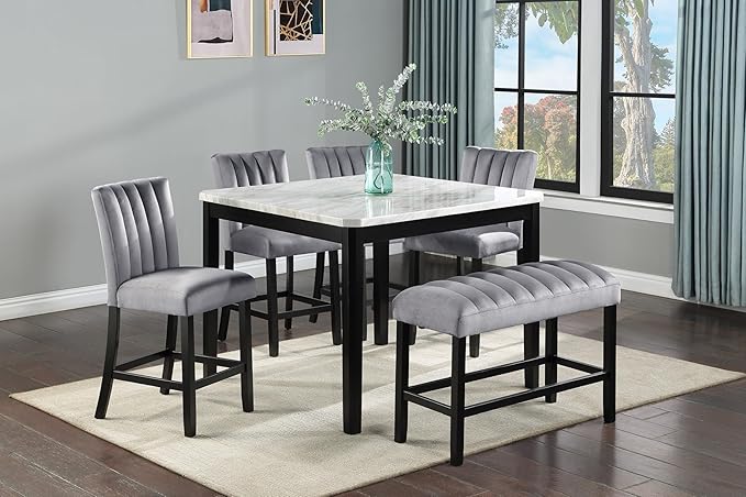 Counter-Height Square Table with Faux Marble Top and Black Wood Base, Versatile for Dining Room or Kitchen Island
