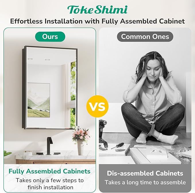 TokeShimi 16x24 Recessed Medicine Cabinet with Mirror Surface Mounted, Metal Beveled Mirror with Storage for Bathroom Vanity, Aluminum Black Medicine Cabinet Mirrored