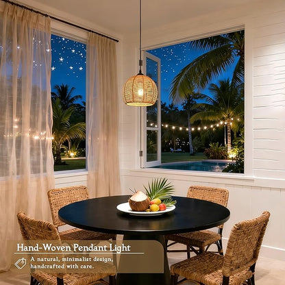 Plug in Mini Hemp Rope Woven Pendant Light Woven Light Fixture Boho Chandelier Wicker Pendant Lights Rattan Plug in Cord Hanging Lights Dome Wicker Chandelier for Bedroom (Bulb Incl.)