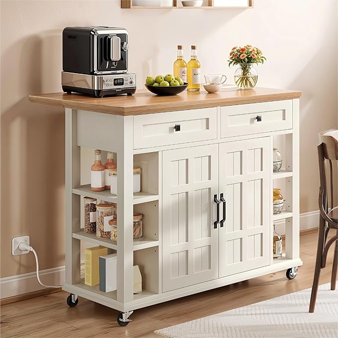 YITAHOME Kitchen Island with Drop Leaf, Mobile Storage Island with Power Outlet, Americana Rolling Kitchen Carts with Storage Shelves and Drawers, Island Table on Wheels for Dining Room, Beige