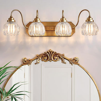 Gold Vanity Light, Vintage Bathroom Light Fixtures, 4-Light Matte Antique Brass Finish with Crystal Glass Shade, Mid Century Style Wall Sconces for Bedroom, Living Room