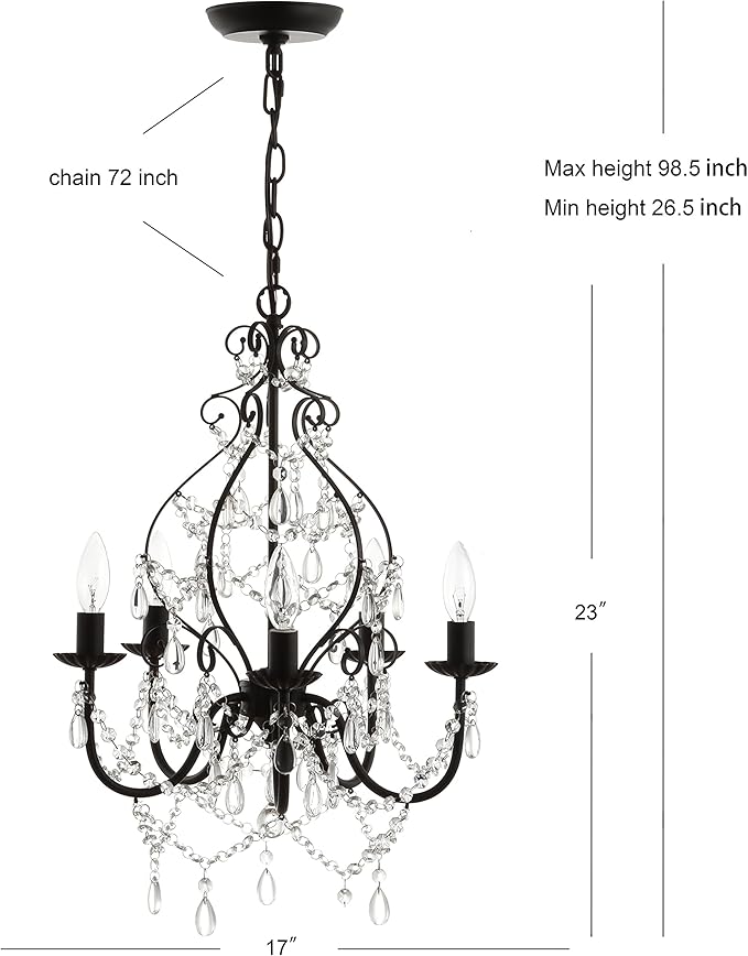 JONATHAN Y 17" Black 5-Light Crystal and Metal Chandelier, Traditional Cascading Beads, Adjustable Chain for Dining Room Entryway, UL Listed, LED Bulbs Included JYL9016A