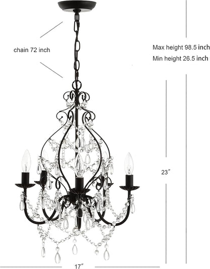 JONATHAN Y 17" Black 5-Light Crystal and Metal Chandelier, Traditional Cascading Beads, Adjustable Chain for Dining Room Entryway, UL Listed, LED Bulbs Included JYL9016A