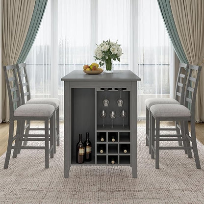 Rubber Wood Kitchen Table Set for 4, Kitchen Island with Bar Wine Compartment, Wineglass Holders for Dining Room, Rustic Style Counter Height Dining Room Table Set for Dining Room, Grey