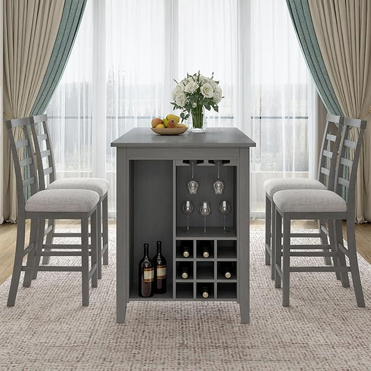 Rubber Wood Kitchen Table Set for 4, Kitchen Island with Bar Wine Compartment, Wineglass Holders for Dining Room, Rustic Style Counter Height Dining Room Table Set for Dining Room, Grey