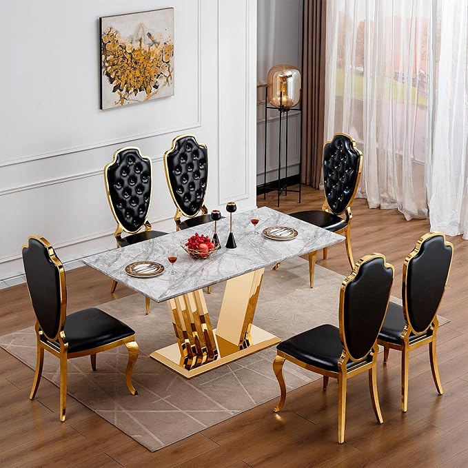 70" Marble Dining Table for 6-8, Modern Luxury Gold Rectangular Large Kitchen Table, Marble Grain MDF Tabletop & Stainless Steel Base, Dinner Furniture for Kitchen Dining Room, Meeting Room, Grey