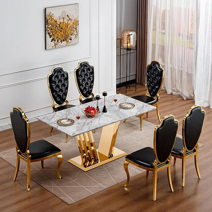 70" Marble Dining Table for 6-8, Modern Luxury Gold Rectangular Large Kitchen Table, Marble Grain MDF Tabletop & Stainless Steel Base, Dinner Furniture for Kitchen Dining Room, Meeting Room, Grey