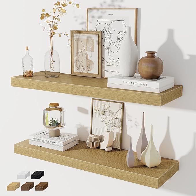 Fun Memories Floating Shelves for Wall, 32W x 8D Floating Wall Shelves with Invisible Brackets Set of 2, Hanging Rustic Wood Shelf Decoration for Bedroom, Bathroom, Living Room and Kitchen, Oak