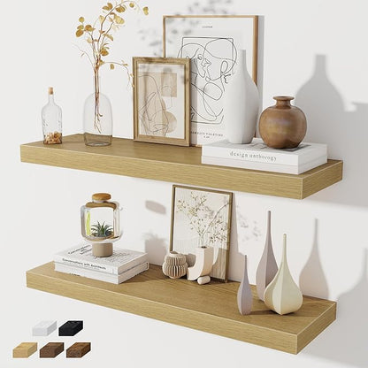Fun Memories Floating Shelves for Wall, 32W x 8D Floating Wall Shelves with Invisible Brackets Set of 2, Hanging Rustic Wood Shelf Decoration for Bedroom, Bathroom, Living Room and Kitchen, Oak