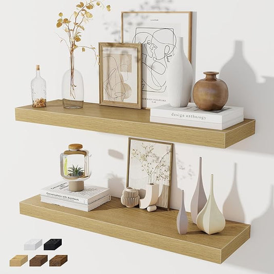 Fun Memories Floating Shelves for Wall, 32W x 8D Floating Wall Shelves with Invisible Brackets Set of 2, Hanging Rustic Wood Shelf Decoration for Bedroom, Bathroom, Living Room and Kitchen, Oak