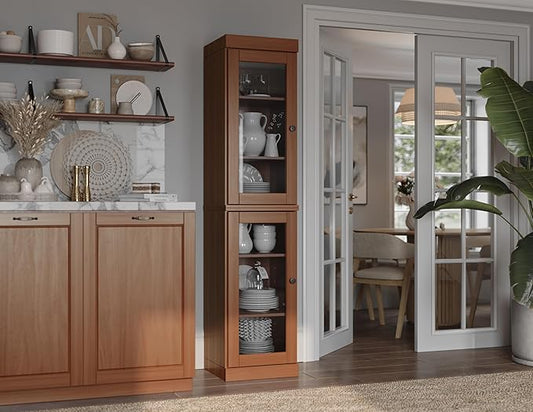 Palace Imports Solid Wood Kitchen Pantry Cabinet w/Glass Doors - Narrow Storage Cabinet - 16.5" Wide x 71.5" Tall - Mocha, Adjustable Shelves, 100% Eco-Friendly Wood, Modular Cabinets