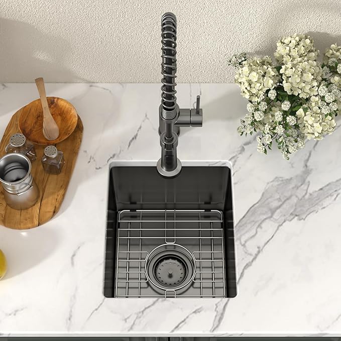 Lordear Black Undermount Bar Sink 13 x15 x 9 Inch Bar Prep Sinks Gunmetal Black Stainless Steel Handmade Kitchen Sink Basin