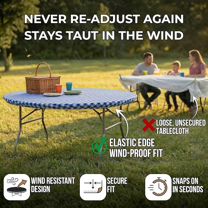 Kwik-Covers 10 Pack of Round Plastic Table Covers - 60" or 72" Round - Indoor or Outdoor Fitted Covers (Tables NOT Included) (Blue Gingham, 72" Round)