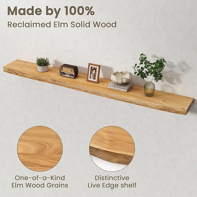 Fun Memories Floating Shelves for Wall Decor Set of 1-72 Inch Solid Elm Wood Live Edge - Rustic Natural Wall Shelves with Invisible Brackets - for Living Room, Bedroom, Kitchen - Natural Finish