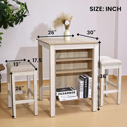 3-Piece Wooden Dining Table Set, Kitchen Island with Seating for 2, Kitchen Bar Table with Stools, Counter Height Dining Table Set, Weathered Birch & Antique White, Farmhouse Style